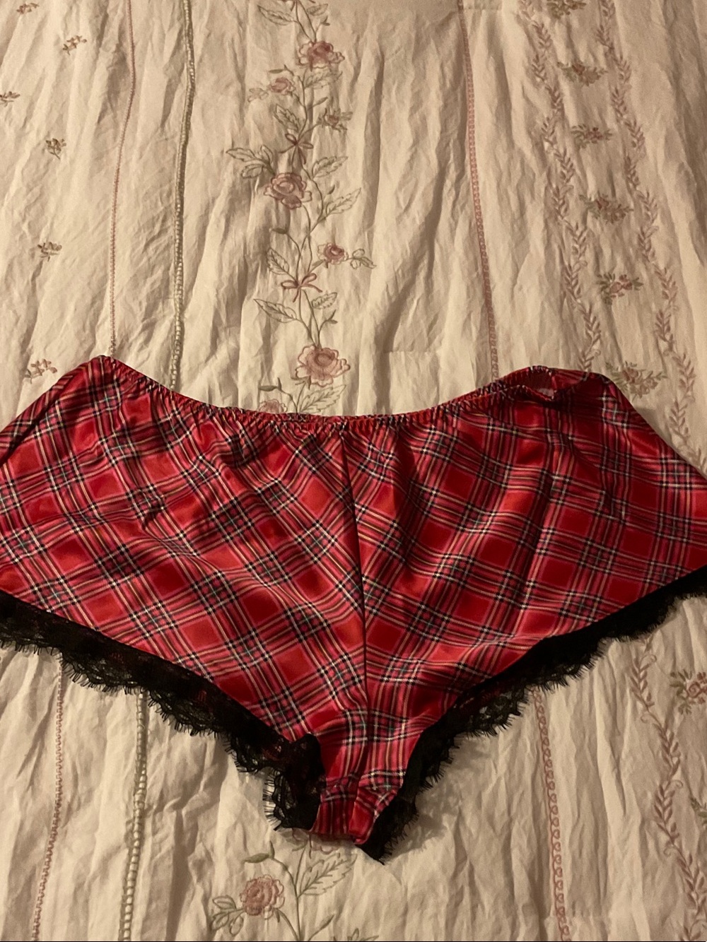 Victoria's Secret Red Plaid Satin Lace-Trim Sleep Shorts